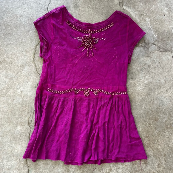 Free People| Beaded Sheer Top| Sheer Gauze Magenta Top - Picture 4 of 10
